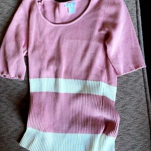 Pink  with a wide white stripe- ribbed, knit short sleeve top - v-neck